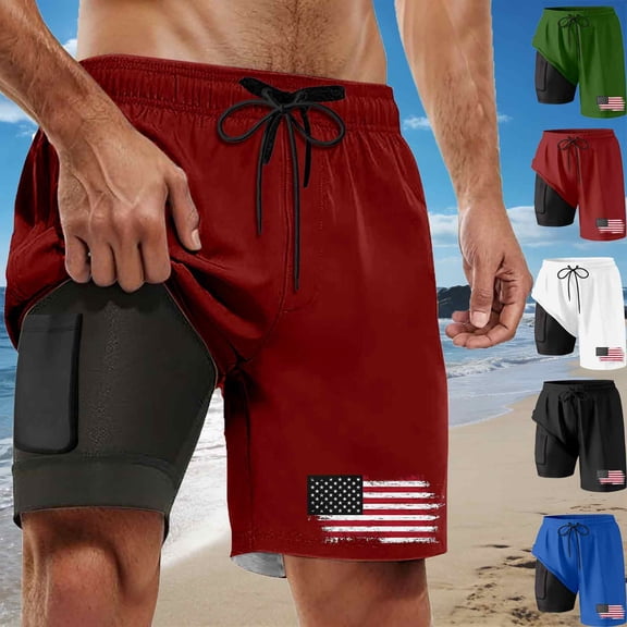 Bainana Mens Swim Trunks American Flag 2 In 1 Patriotic Swim Shorts 4Th Of July Quick Dry Comfortable Beach Travel Sport Shorts