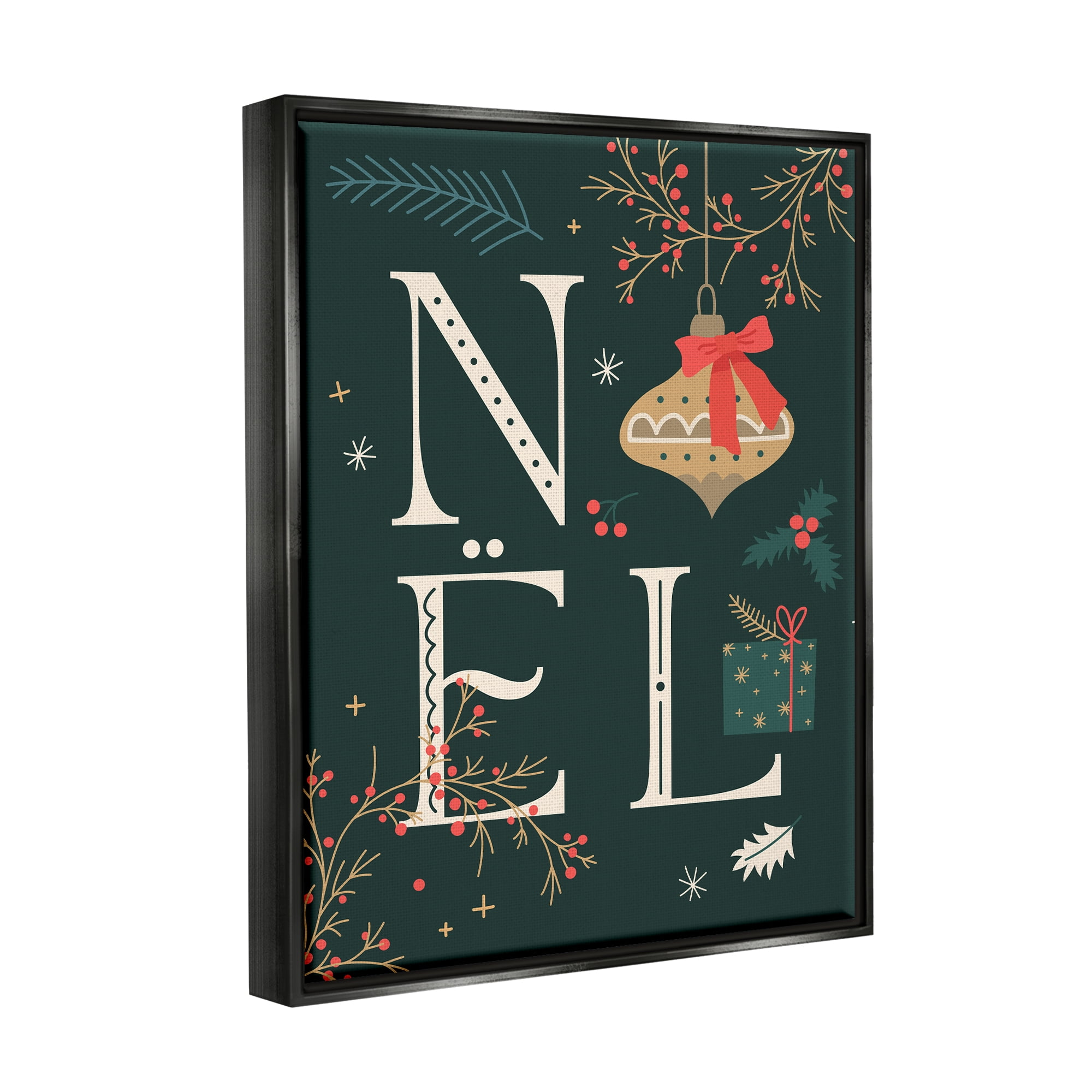 Stupell Industries Noel with Holiday Ornament Holiday Painting Black Floater Framed Canvas Art Print Wall Art, 17 x 21