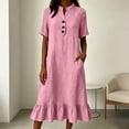 thumbnail image 4 of Husipze Womens Summer Cotton Linen Midi Dress Elbow Length Sleeve Button Front V Neck Casual Loose Dress with Pockets Pink M, 4 of 8
