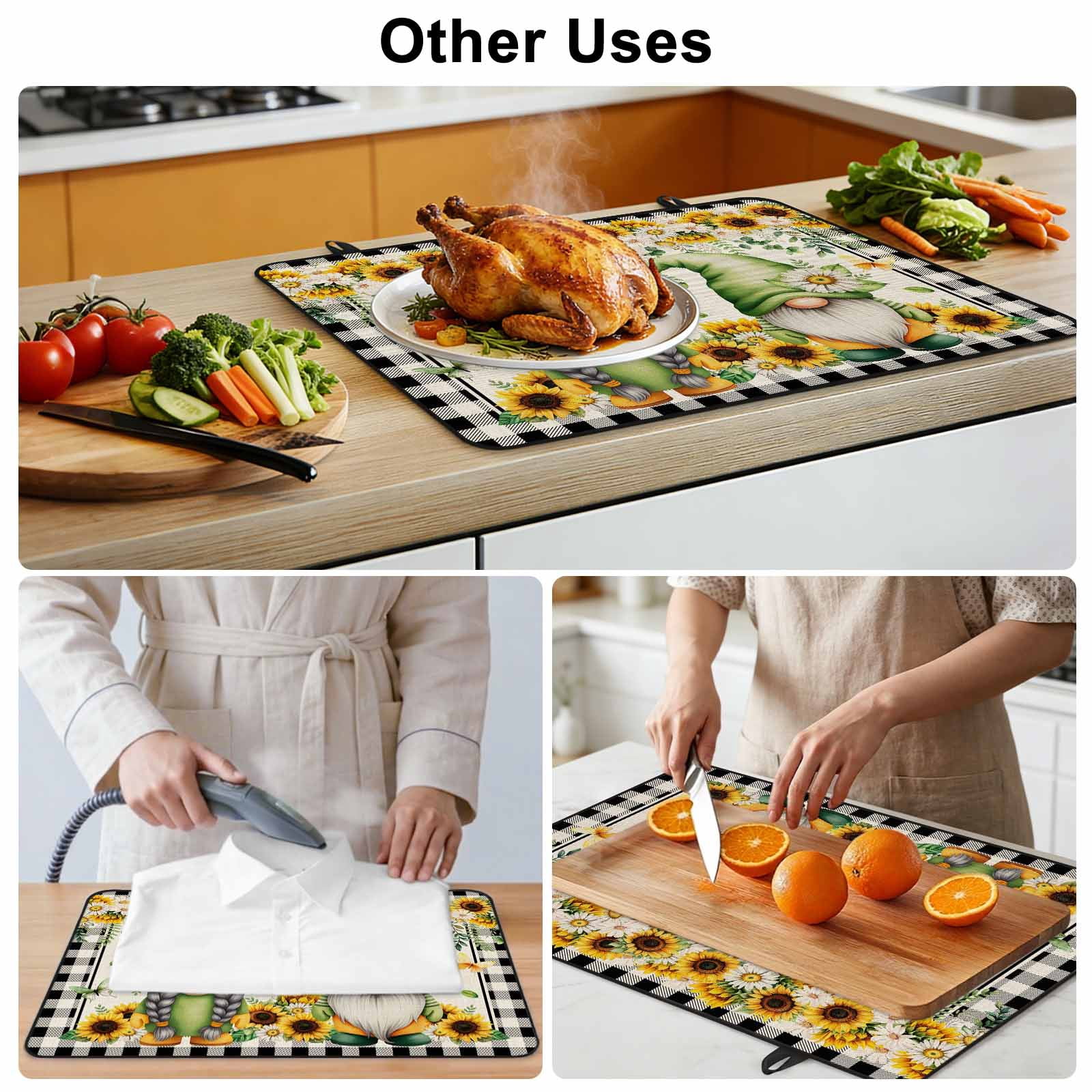 Sunflower Gnomes Stove Top Cover for Electric Stove, Heat-proof & Non Slip Glass Top Stove Cover Protector, Spring Farmhouse Vintage Daisy Floral Leaf Kitchen Flat Cooktop Rubber Mat 24x21 Inches
