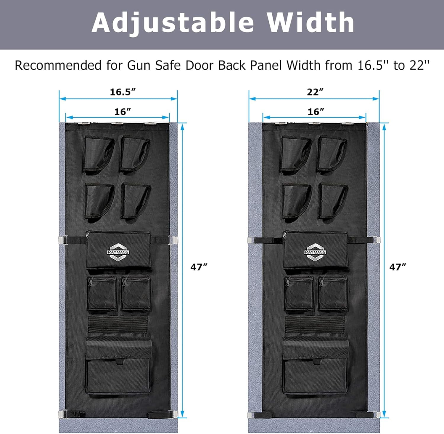 Gun Safe Door Panel Organizer 16.5W*47H Adjustable Storage for Pistols Documents