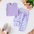 thumbnail image 2 of Sgkm Girl Baby Clothes Print Cotton Top with Plaid Pants Toddler Girls Summer Two Piece Outfit Clothing Set Light Purple 3-4 Years, 2 of 9