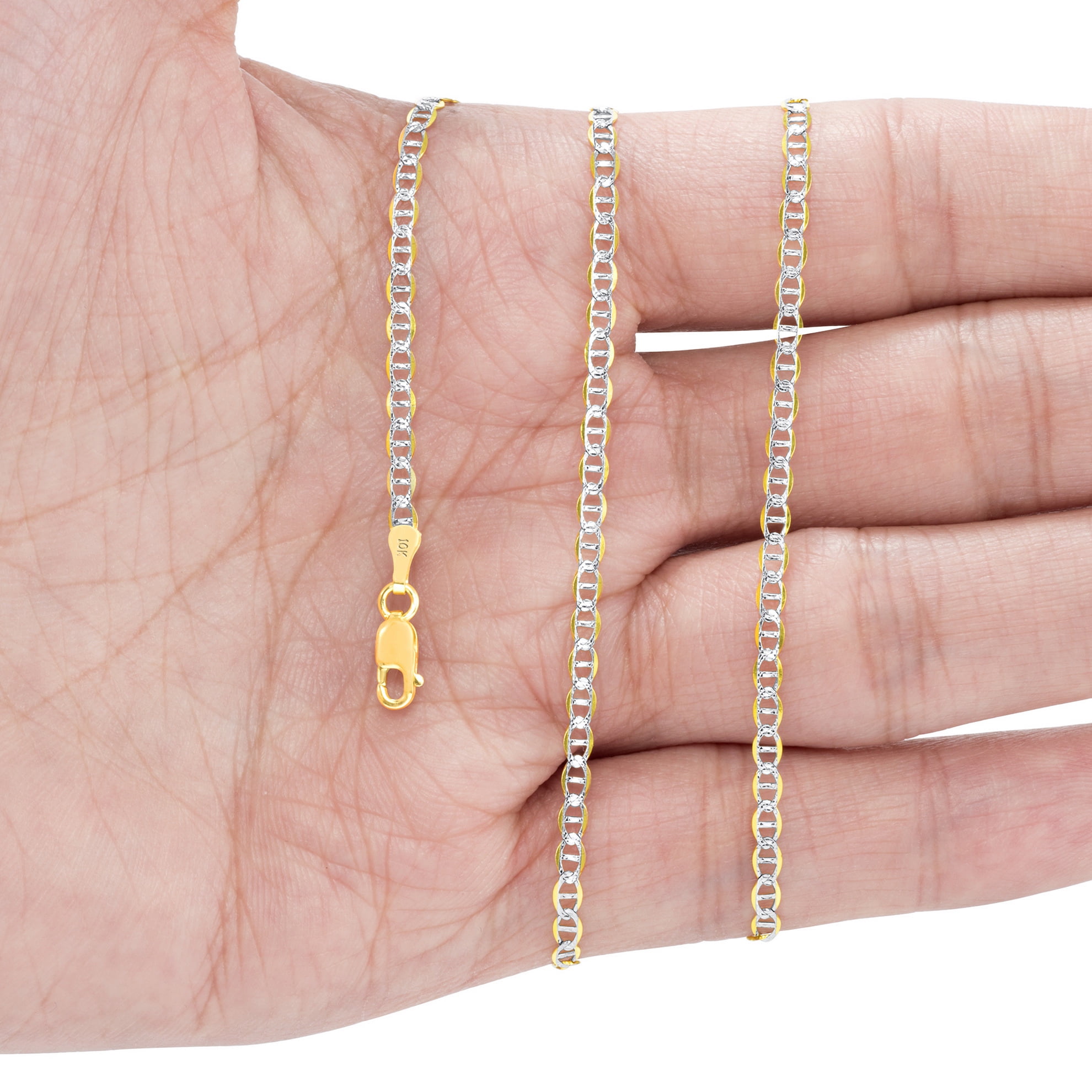 Nuragold 10k Real Yellow Gold Solid Mariner 2.5mm Anchor Chain Pave Diamond Cut Bracelet or Anklet (7"-9") Two Tone Italian Jewelry for Men & Women
