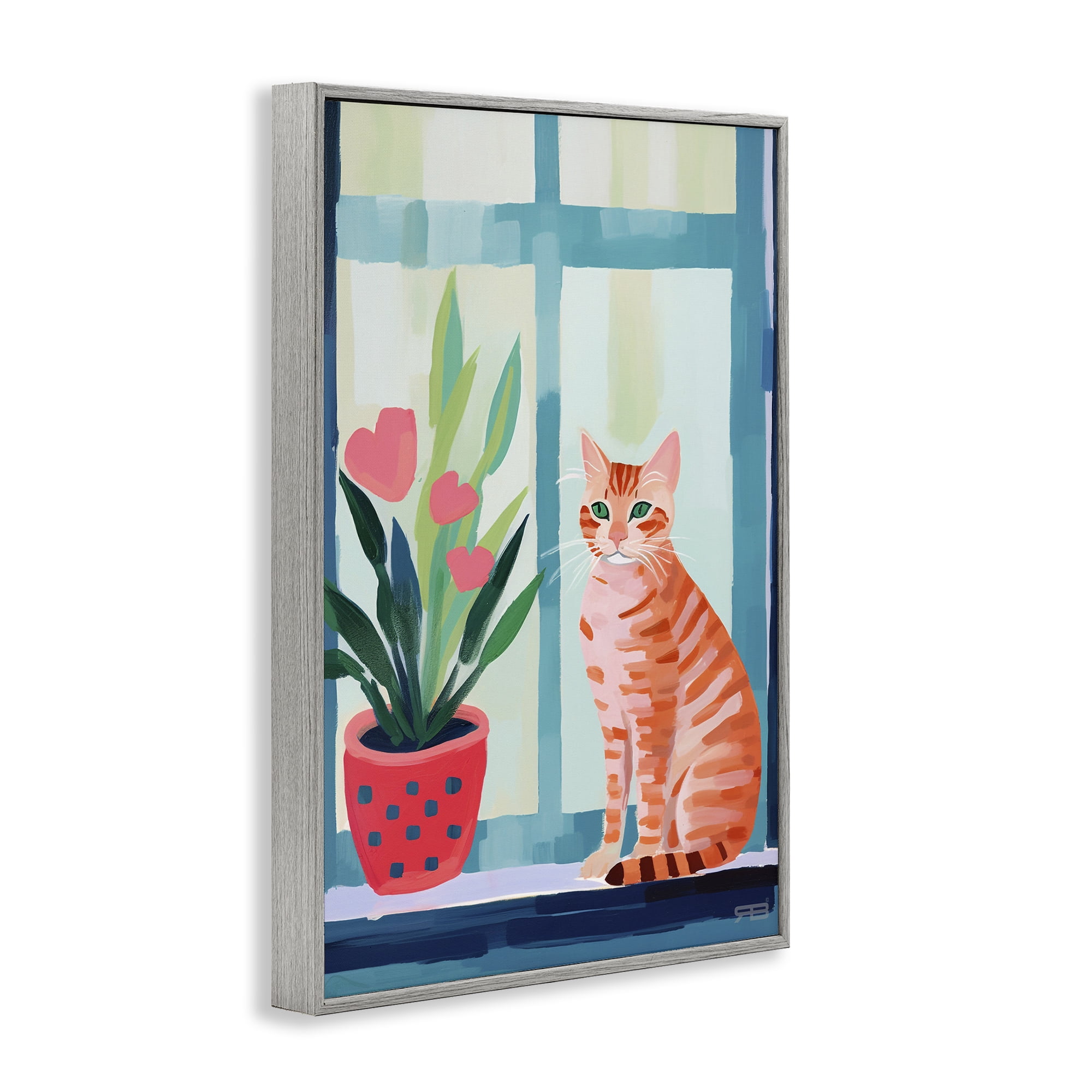 Stupell Industries Cat & Tulips in Windowsill Animals & Insects Painting Gray Framed Art Print Wall Art, 20 x 30