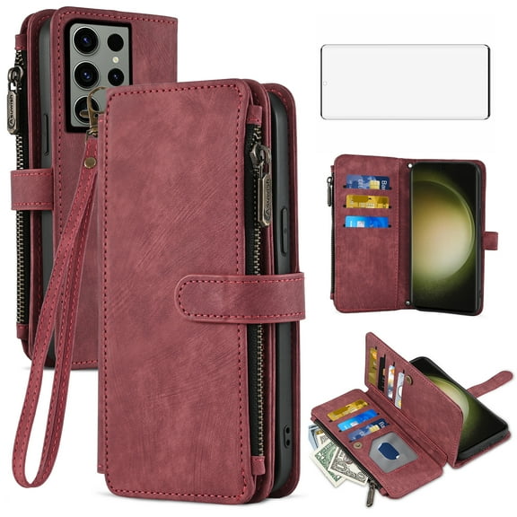 Asuwish Compatible with Samsung Galaxy S23 Ultra 5G Wallet Phone Case and Tempered Glass Screen Protector Faux Leather Flip Card Holder Zipper Cell Cover for S23Ultra 23S S 23 23Ultra 6.8 inch Red