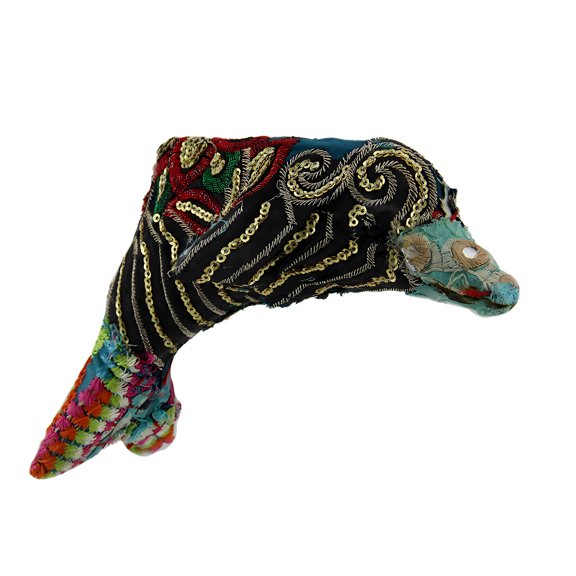 Zeckos Colorful Vintage Indian Sari Fabric Wrapped Dolphin Sculpture