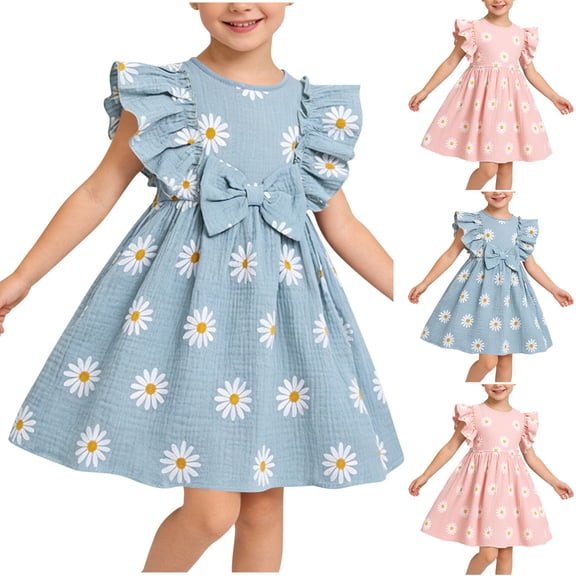 Eltusu Summer Dresses for Girls, Crew Neck Short Sleeve Cotton Ruffle Sleeve Kids Clothes Blue Size 7-8T