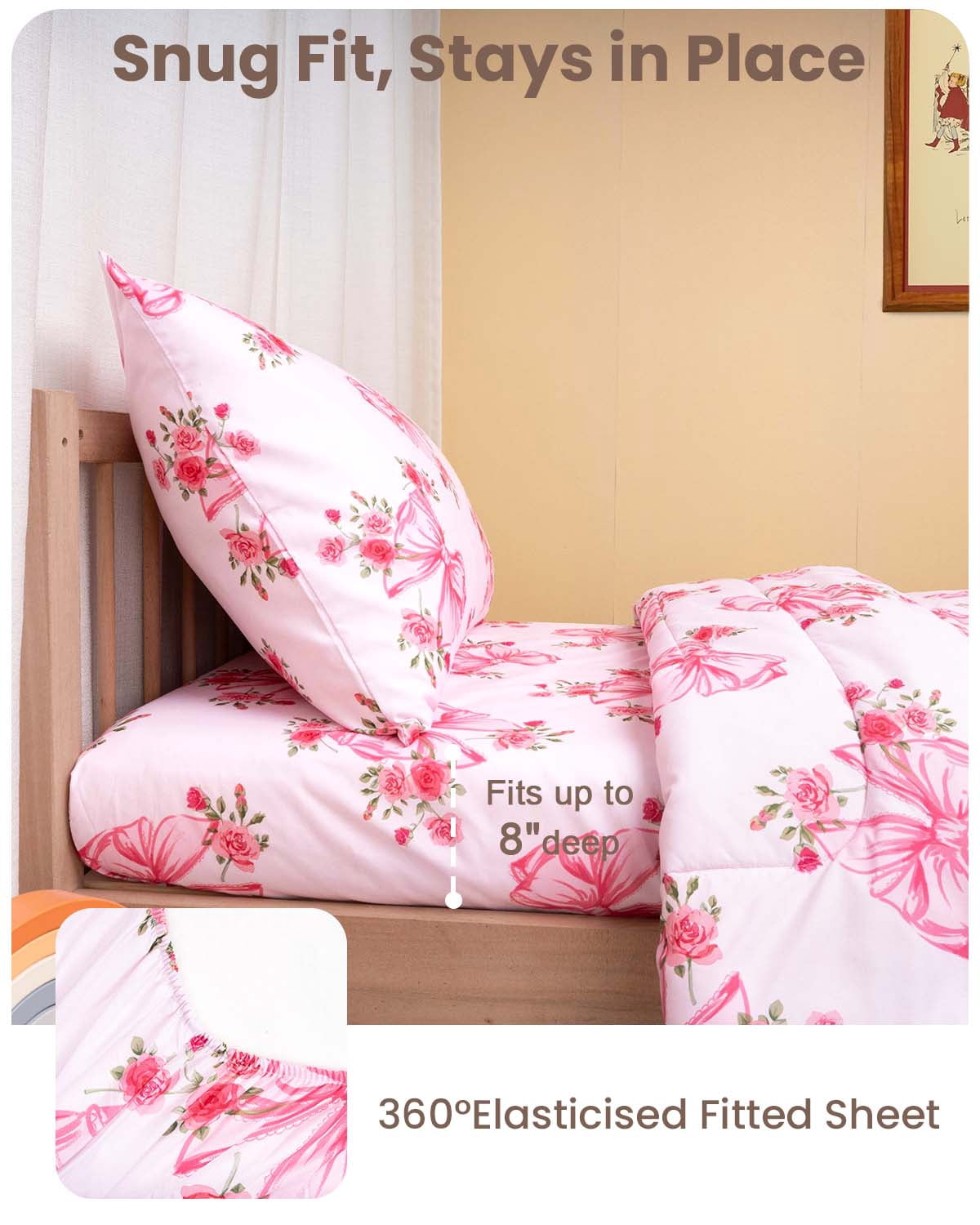 Beavtaens 4 Piece Toddler Bedding Set, Breathable and Soft Baby Sheet Set, Includes Quilted Comforter, Flat Sheet, Fitted Sheet and Pillowcase for Girls