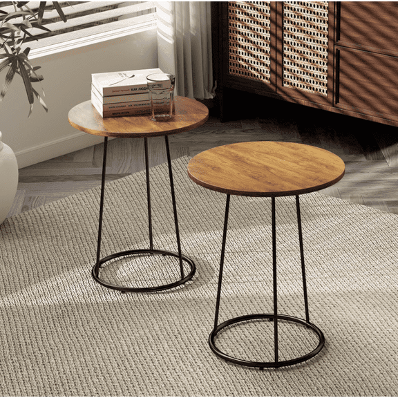 Manora Set of 2 Round Industrial End Tables, Wood Grain Side Table with Metal Frame for Living Room Bedroom