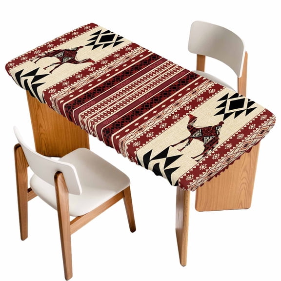 Red Beige Boho Table Cloths for 6 Foot Rectangle Tables, Vintage Abstract Art Ethnic Tribe Patio Waterproof Elastic Fitted Tablecloths, Washable Rectangular Table Cover for Camping