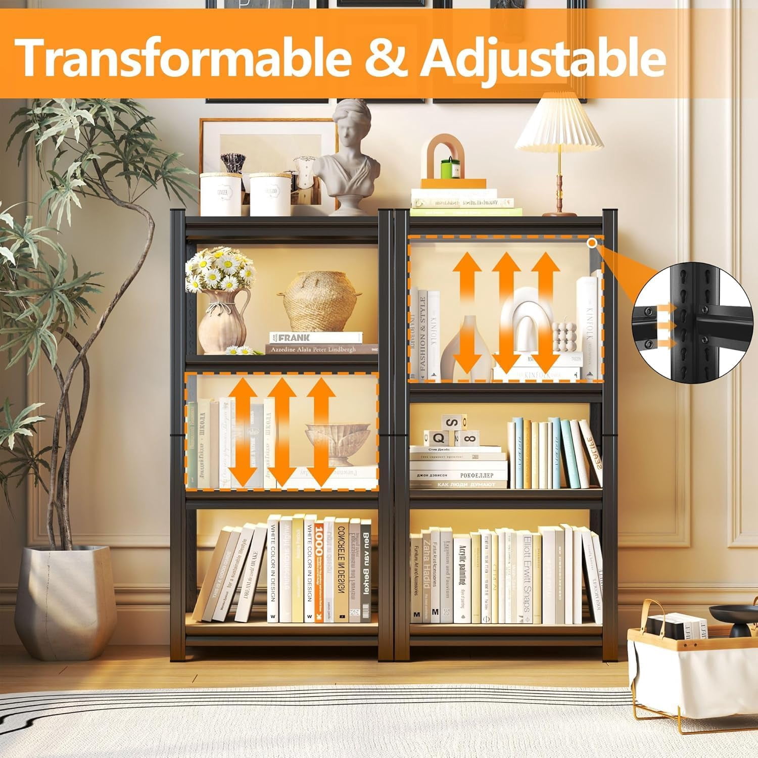 NIUMU 45.7H'' Storage Shelves Adjustable Shelving Unit Wood, 4-Tier Storage Shelves Heavy Duty Shelf Organizer Industrial Shelves for Warehouse Basement Kitchen Pantry Commercial, Black
