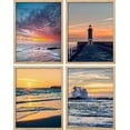 thumbnail image 2 of PixonSign Framed Wall Art Orange Sunset Lighthouse Ocean Prints, Set of 4 Sea Landscape Wall Decor Arts, Nature Wall Décor, Beach Adhesive Canvas Poster, Modern Home Artwork - 8"x10" Natural, 2 of 5