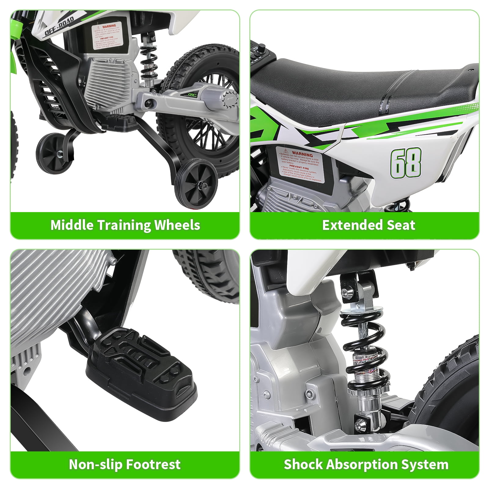 Farmdex 12V Electric Motorcycle for Kids, Electric Dirt Bike with 2 Training Wheels, Ride on Toy with Twist Grip Throttle, Built-in Music, 30W*2 Motors, Green