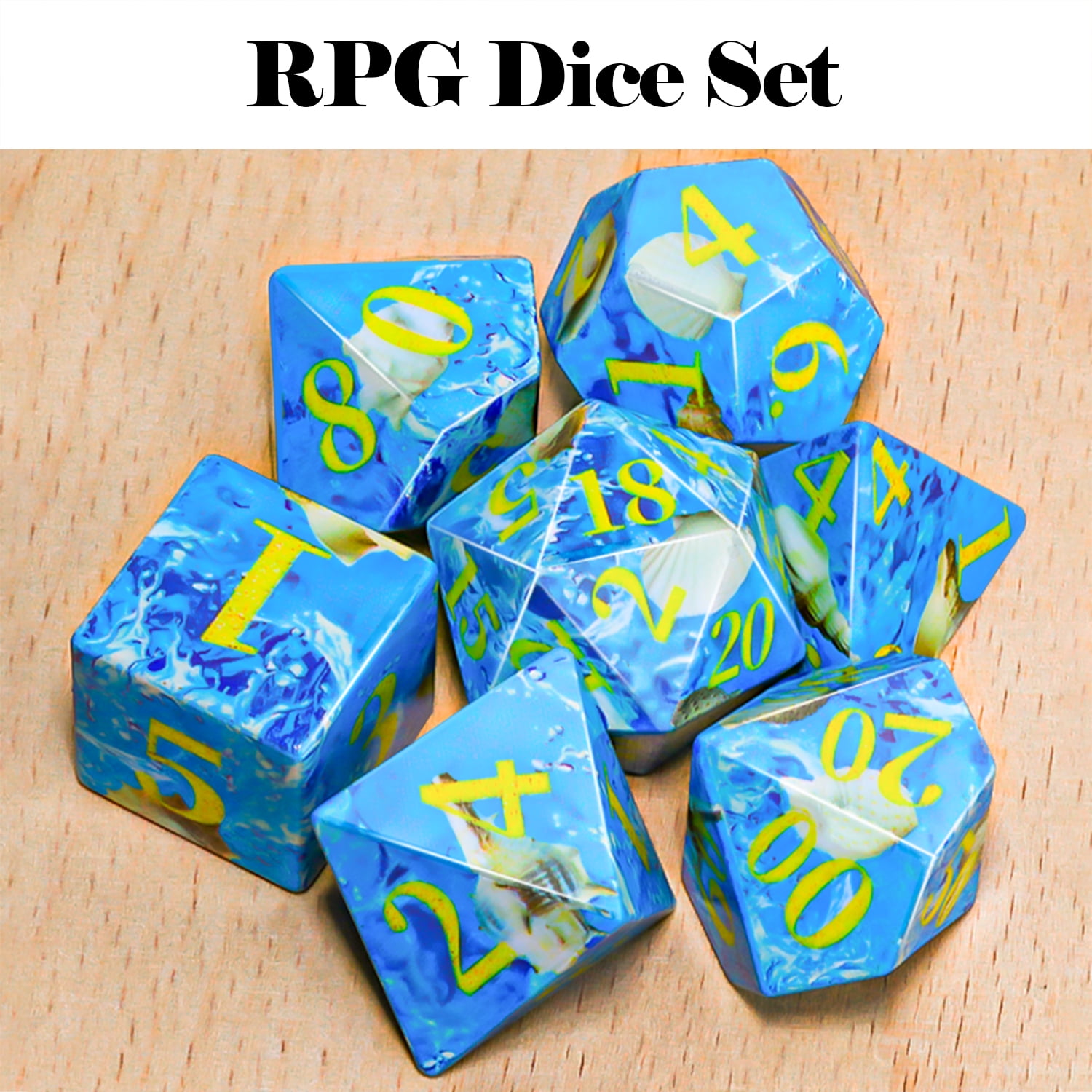 SWAJUJA DND Polyhedral Dice Set, 7 Pieces, Ocean Blue with Gold Numbers, White Conch Design