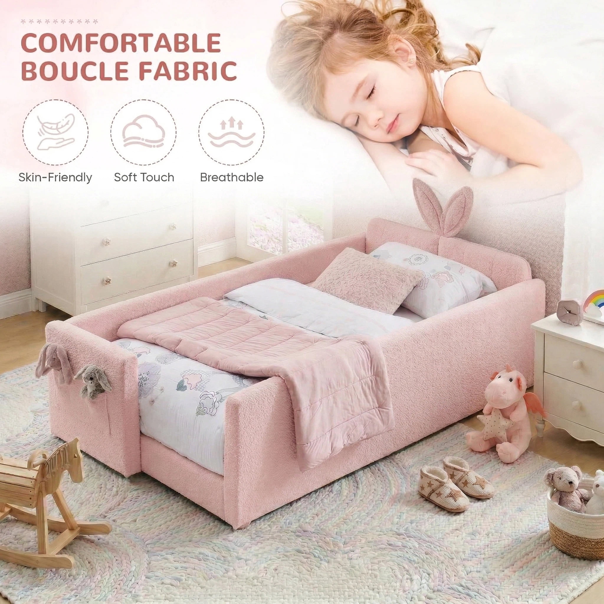 AISWORD Twin Size Kids Bed, Rabbit Ear Headboard, Upholstered Daybed with Slat Support & Side Pockets, Space-Saving Wooden Corner Sofa Bed, Pink