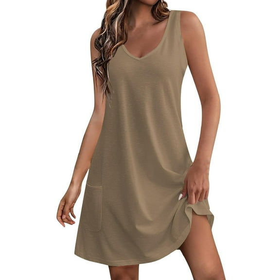 QSAWXQZ Women's Casual Summer V Neck Sleeveless Mini Dress Loose Tunic Tank T Shirt Dress with Pockets Swim Cover Up Khaki L