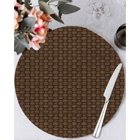 15 Inch Round Placemats Set of 6, Dark Brown Rattan Non Slip Heat Insulation PP Table Mats, Vintage Abstract Wicker Texture Washable Place Mats for Kitchen Dining Party Table Decor