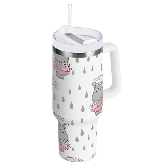 Ryvnso 40 oz Tumbler with Handle and Straw Cartoon Hippo in Rain Insulated Stainless Steel Travel Mug with Lid
