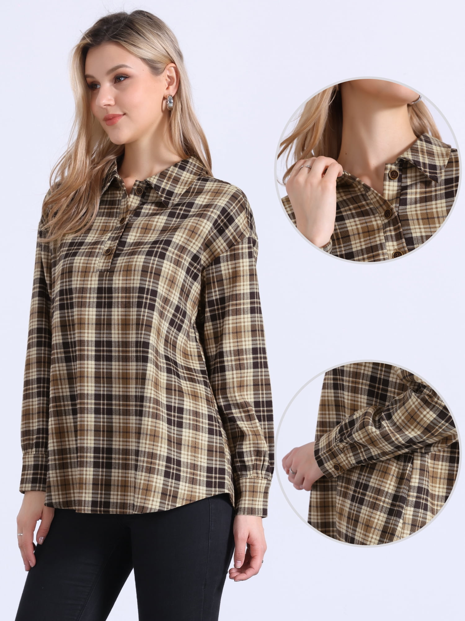 DARING DIVA Women's Casual Button Collared Long Sleeve Blouse M Brown