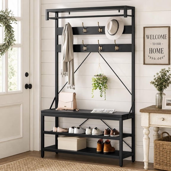 3-in-1 Industrial Hall Tree with Bench 8 Hooks and Shoe Storage Shelves Entryway Coat Rack Organizer Black