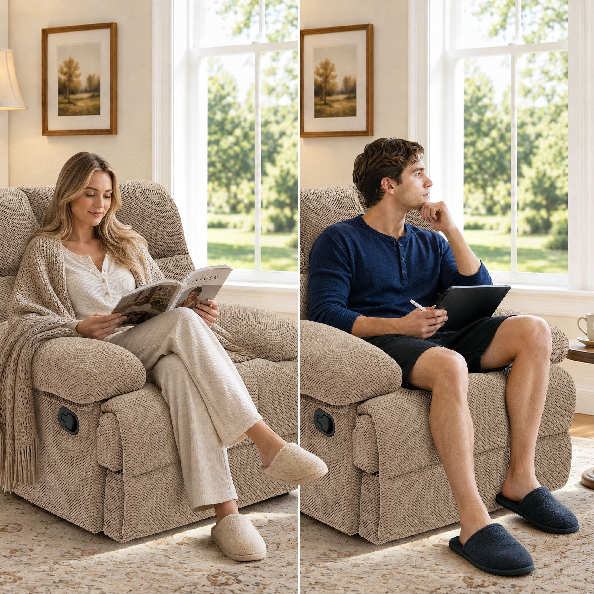 Lunale Manual Rocker Recliner for Home/Office, Adults Fabric Reclining Lounge Chair with Footrest, Camel Polyester