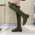 thumbnail image 5 of BRGZLK Women Over The Knee Boots Winter 2026 Lace Up Riding Boots Round Toe Low Flat Heel Cozy Flock Lining Vintage Long Boots for Going Out Green 37, 5 of 8