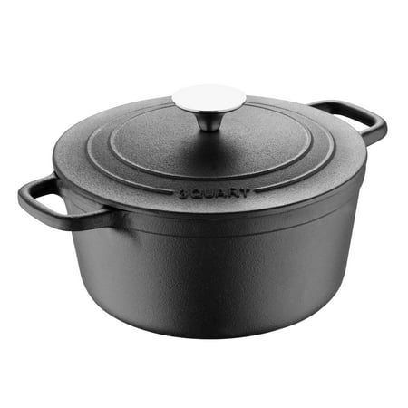 

BBQ by MasterPRO - 3 Qt Pre Seasoned Cast Iron Round Dutch Oven with Self Basting Lid and Stainless Steel Handle 3 Quarts Black