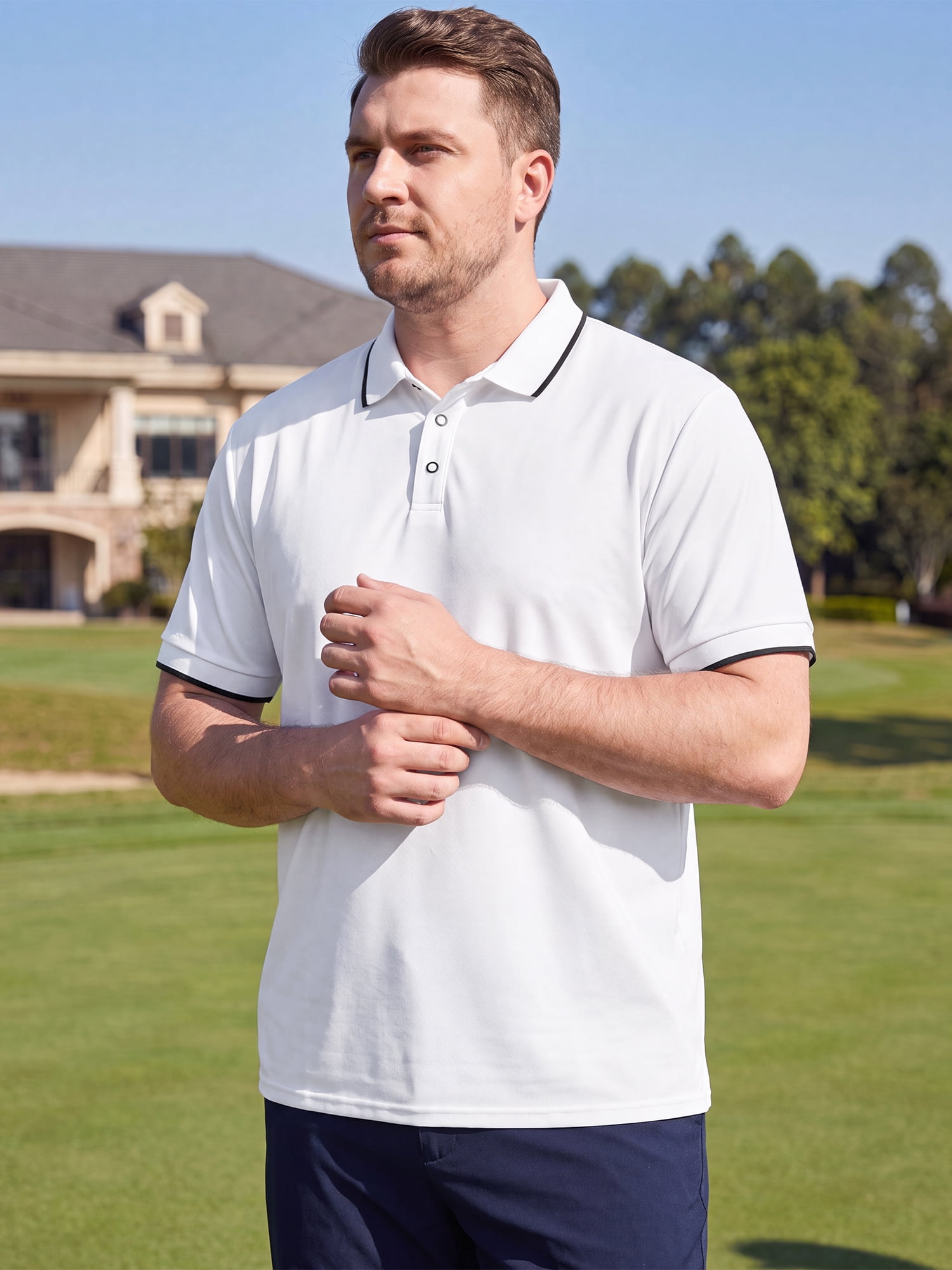 DARING DIVA Men's Big & Tall Shirts Casual Short Sleeve Color Block Polo Shirt 2XL White