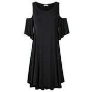 FairyStar Round Neck Plus Size Cold Shoulder Loose Swing Casual Dresses for Women