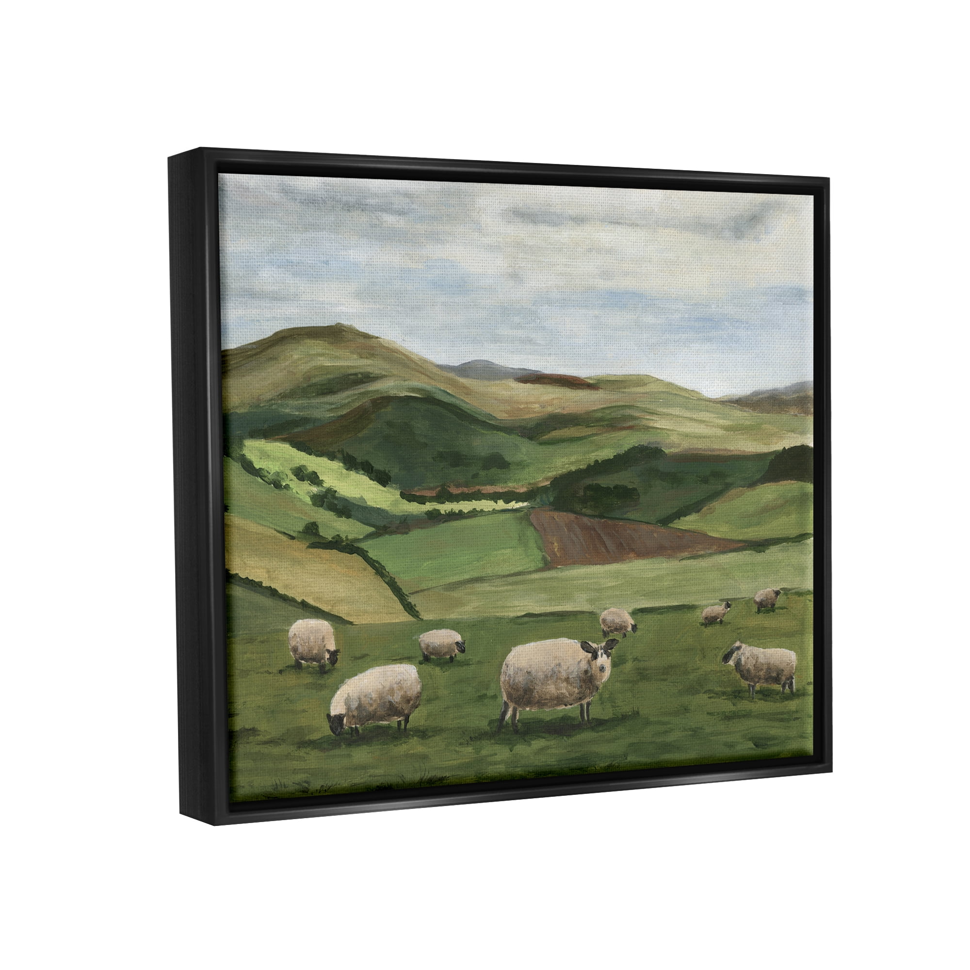 Stupell Industries Countryside Sheep Grazing Animals & Insects Painting Black Floater Framed Canvas Art Print Wall Art, 31 x 25