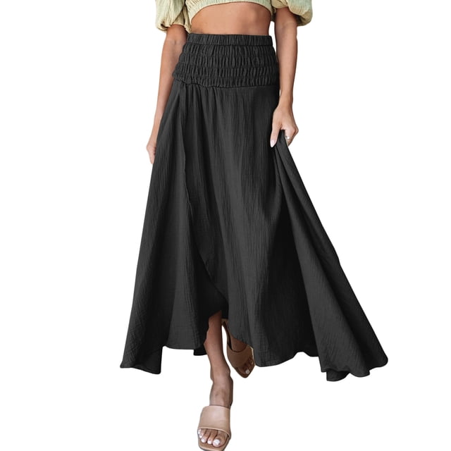VISgogo Falda larga ahumada para mujer, falda con abertura de color sólido de cintura alta informal de verano para adultos VISgogo moda