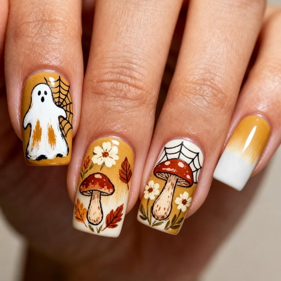 Halloween Press On Nails 24Pcs, Nail Art Ginger Yellow Gradient Ghost Web Nails, Medium-Length Almond Fake Nails with Playful Spooky Design, Reusable Acrylic False Nail Tips for Women