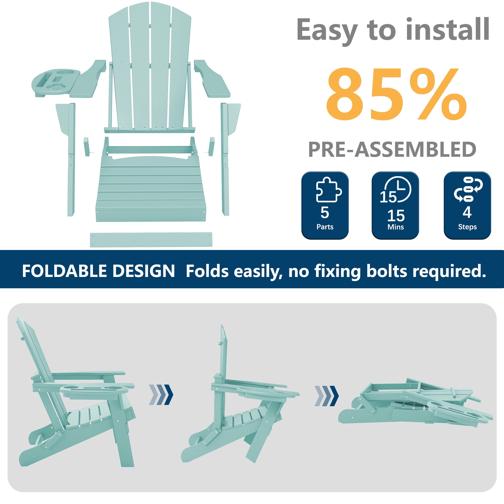 FOOWIN Folding HDPE Adirondack Chairs Set of 6, Aruba Blue