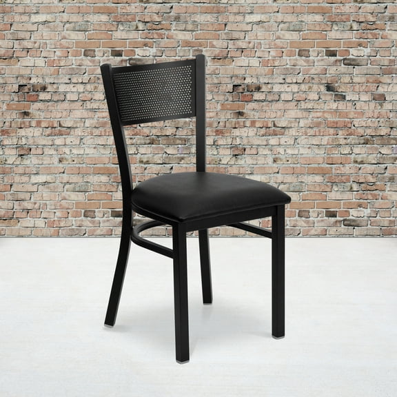 BizChair 2 Pk. Black Grid Back Metal Restaurant Chair - Black Vinyl Seat