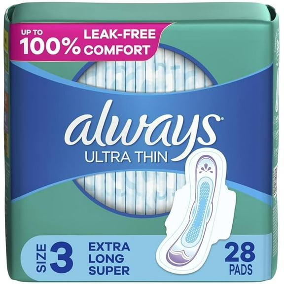 Always Ultra Thin Size 3 Extra Long Super Pads with Wings Unscented, 28 Count