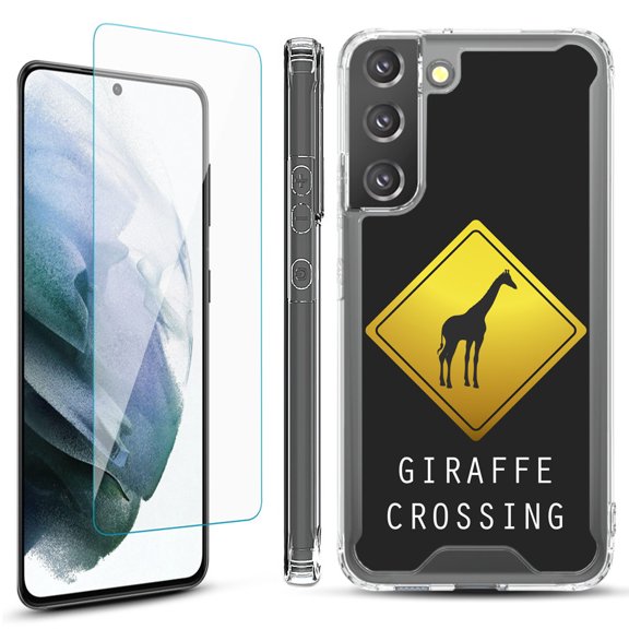 Shockproof Bumper Phone Case for Samsung Galaxy S22  / S22 Plus 5G, with Tempered Glass Screen Protector, by OneToughShield ® - Road Sign Giraffe