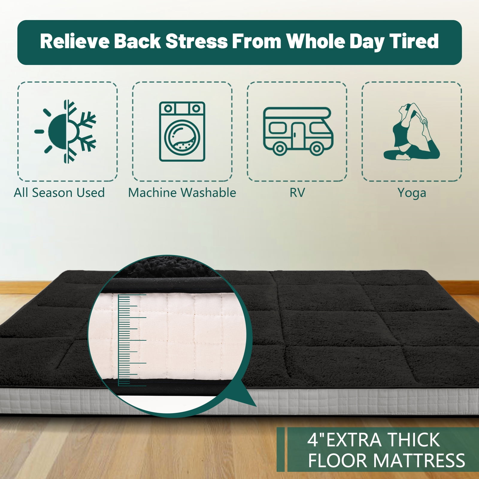 Slsy Sherpa Japanese Floor Mattress, Twin/Full/Queen Size Futon Mattress, 4'' Thicken 2 Sided Tatami Mat, Foldable Tatami Mat Portable Dormitory Sleeping Pad, Roll Up Floor Lounger Bed for Adult Child