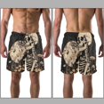 Skeleton Yellow Floral and Moon Men Beach Shorts with Elastic, Casual Drawstring Volleyball