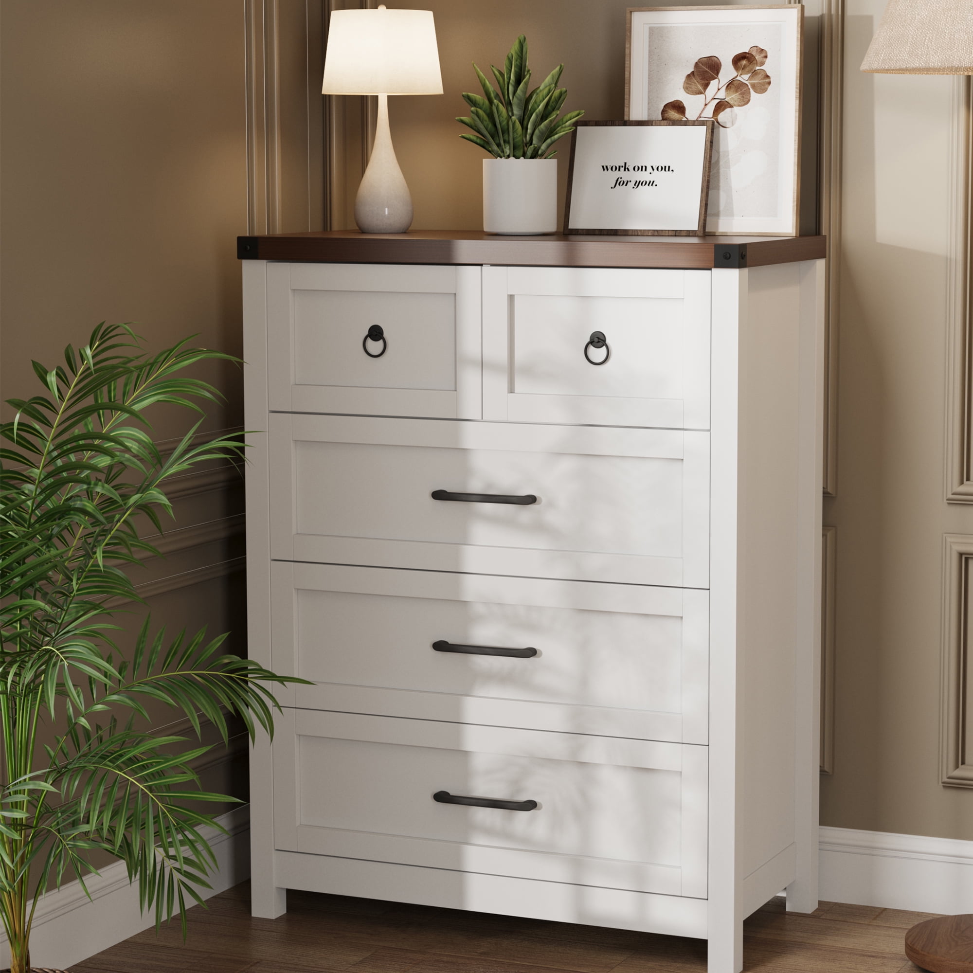 Vabches White 5 Drawer Dresser 41.3" Tall, Wood Wide Chest of Drawers for Bedroom Entryway Living Room Closets