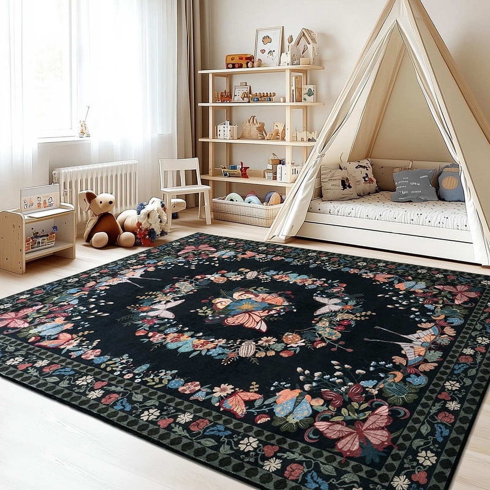 4x6 Butterfly Print Washable Black Area Rug for Living Room Bedroom Dining Room Office Nursery Non-Slip & Stain Resistant Modern Indoor Carpet, Soft Cozy Low Pile Throw Rugs with Rubber Backing