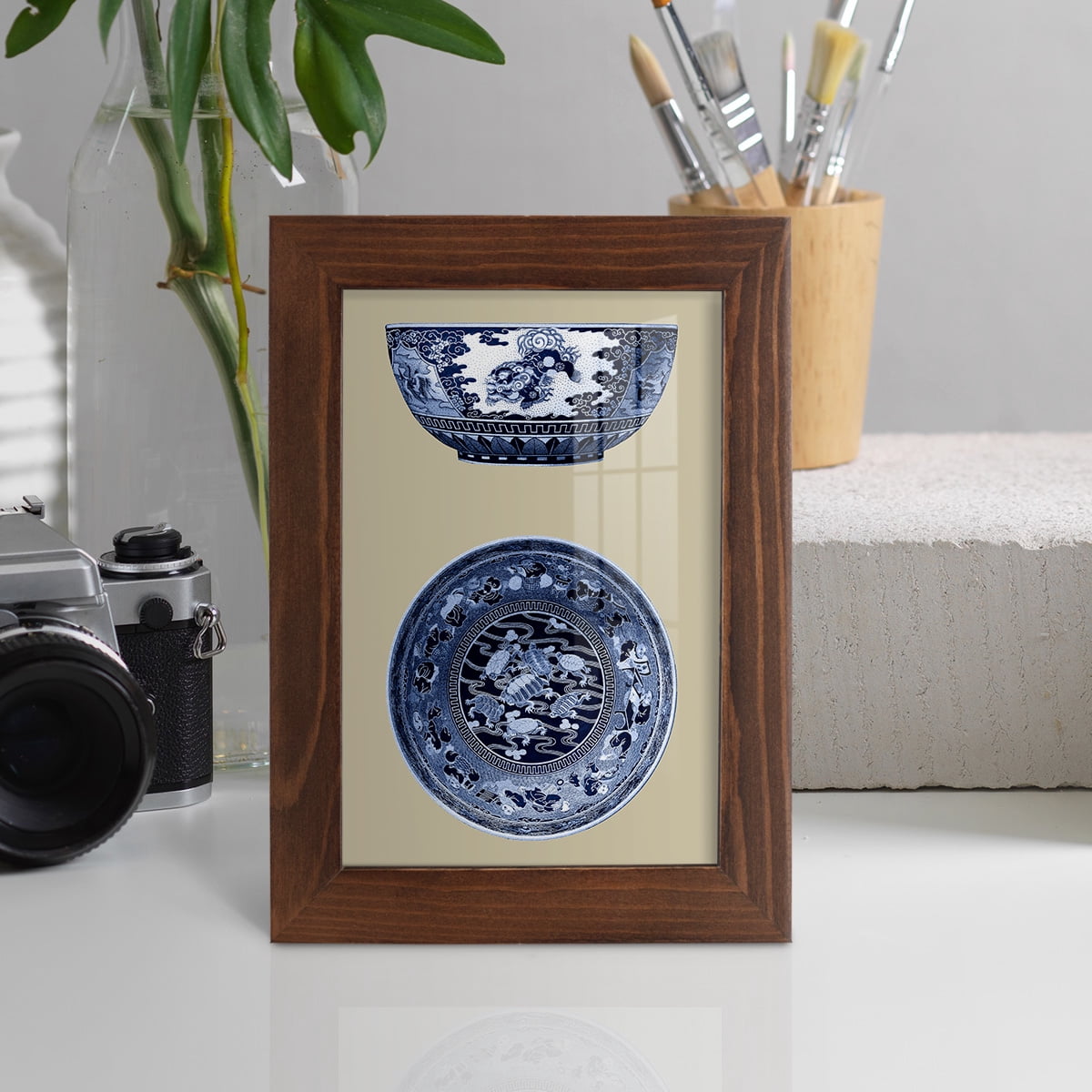 Porcelain in Blue and White I -Framed Print w/glass-Chestnut