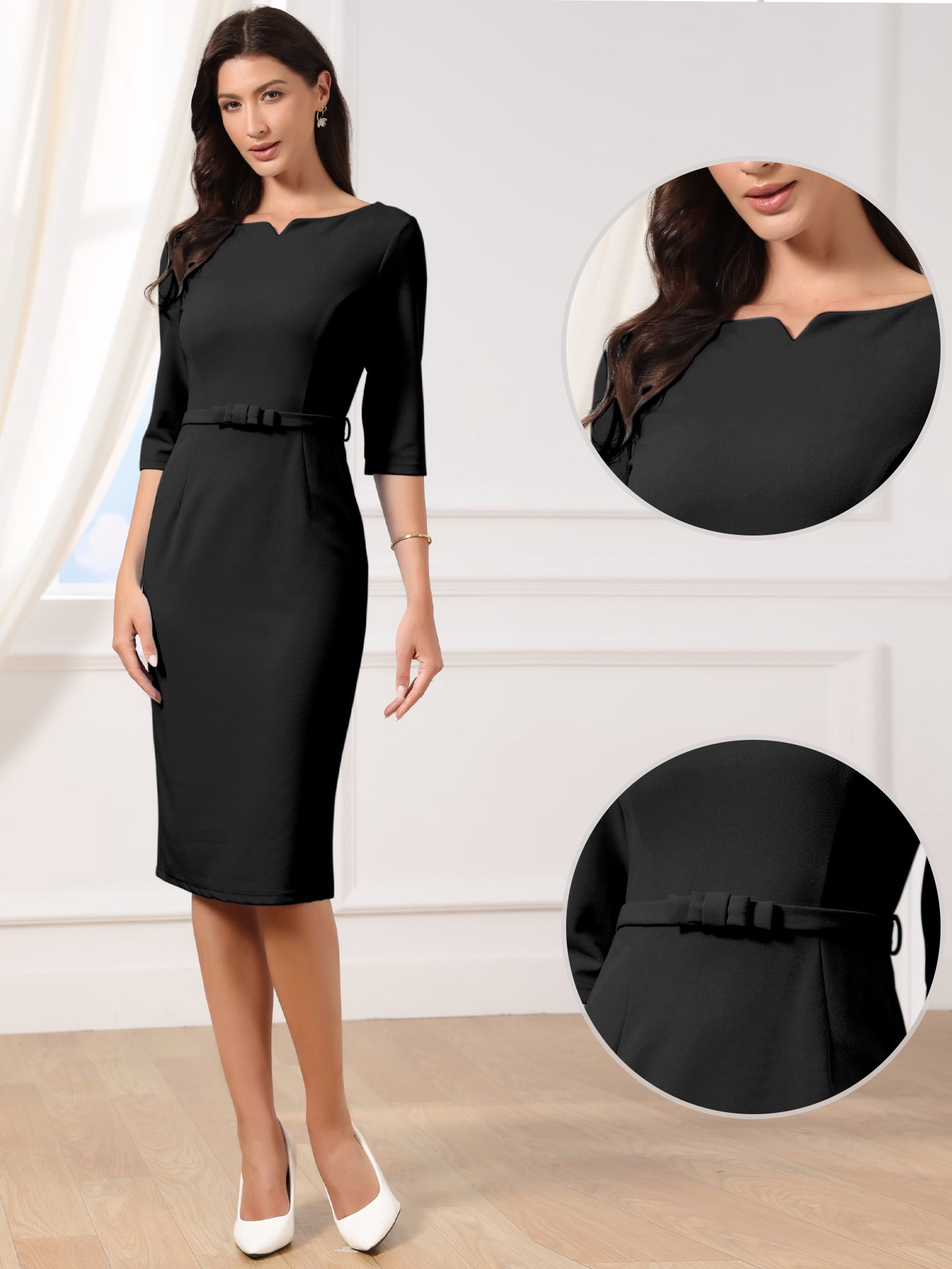 DARING DIVA Women's Elegant 3/4 Sleeve Boat Neck Work Sheath Dress with Belt L Black