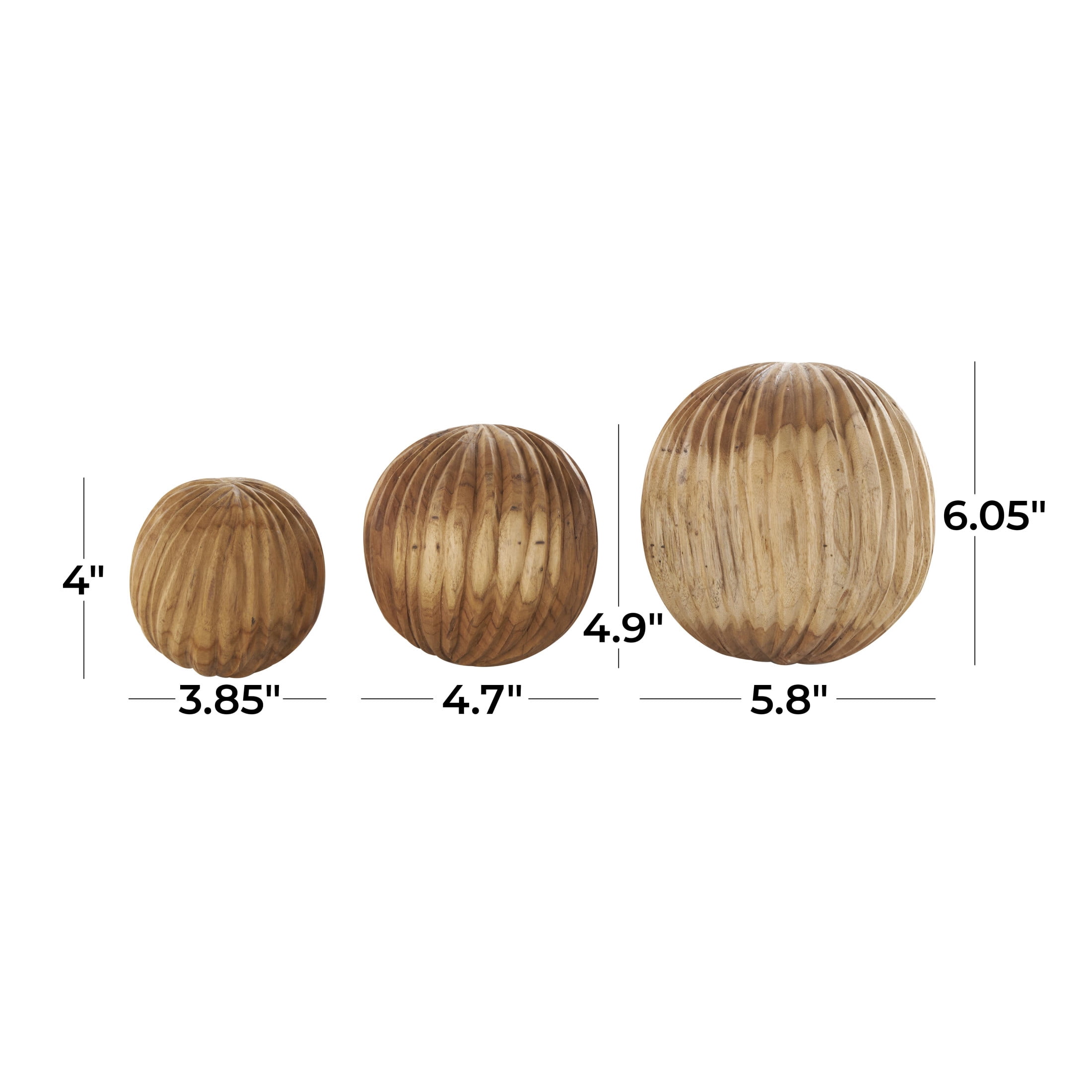 DecMode Brown 6" Handmade Carved Textured Teak Wood Orbs & Vase Filler with Wavy Ridges (3 Count)
