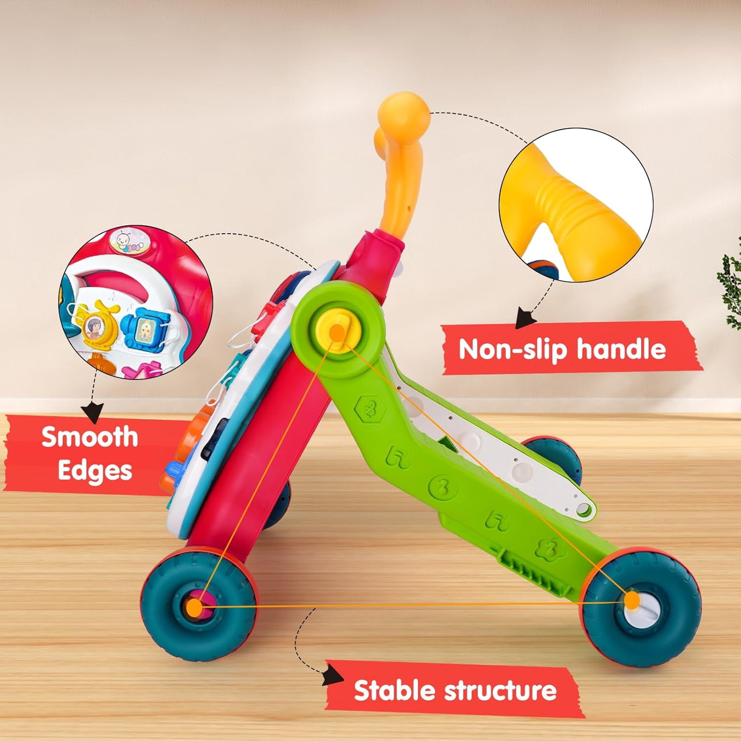 AuntyFey 5-in-1 Baby Walker, Adjustable Height Push Walker with Wheels, Sit to Stand Infant Learning Toy for Boys Girls, Red