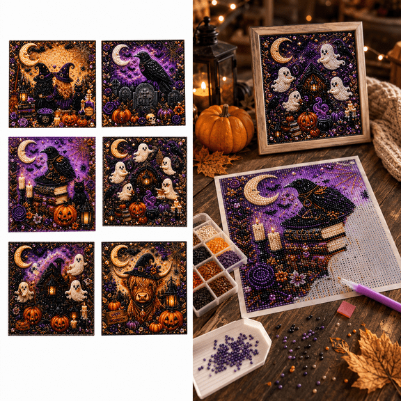 Halloween Pearl Art DIY Kit for Adults, Halloween Diamond Painting Kit with 3D Pearl Beads, Ghost Pumpkin Fall Decor Craft Set, Variant A