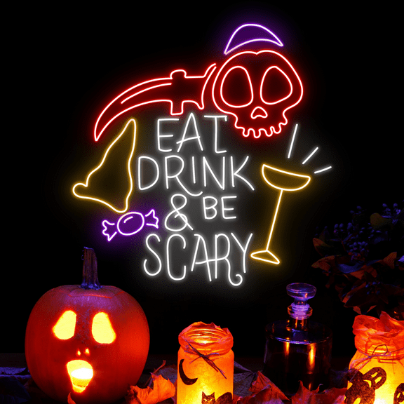 Glowneon Eat Drink & Be Scary Neon Sign, Halloween Wall Decor