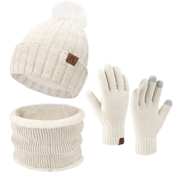 FZ FANTASTIC ZONE Womens Winter Beanie Hats Scarf Neck Warmer Touchscreen Gloves Set Warm Fleece Lined Chenille Knit Skull Caps White
