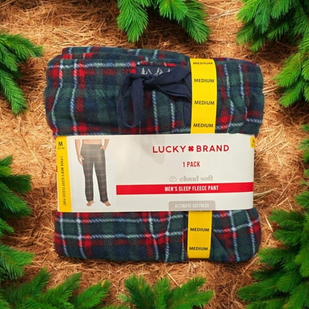 Lucky Brand Men's Sleep Fleece Pant, Green Plaid, M