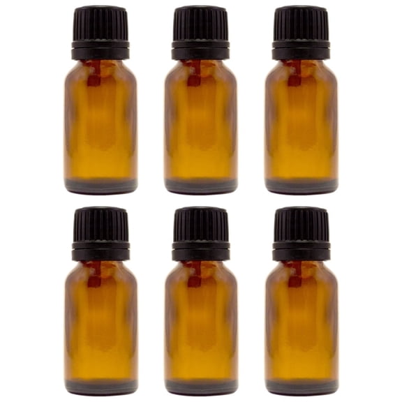 Amber Glass Bottle - 15 ml (1/2 fl oz) w/ Euro Dropper & Tamper-Evident Cap - Pack of 6