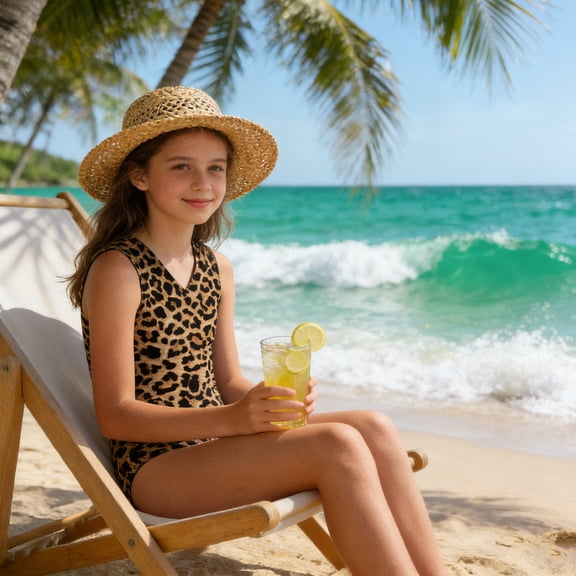 Girls Leopard Print One Piece Athletic Swimsuit Sleeveless V-Neck Gymnastics Leotard Summer Training Swimwear for Kids Ages 3-14 Years